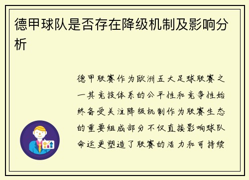 德甲球队是否存在降级机制及影响分析